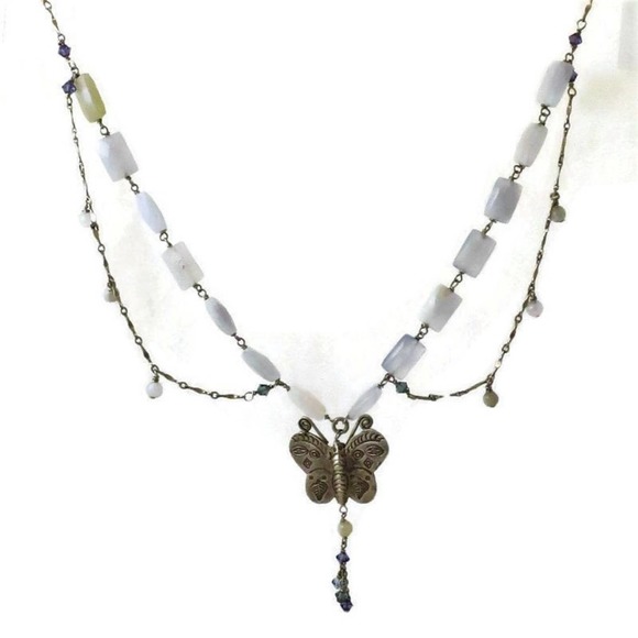 Sterling Butterfly Necklace Regencycore Blue Agate Mariposa Fantasy - Picture 3 of 8